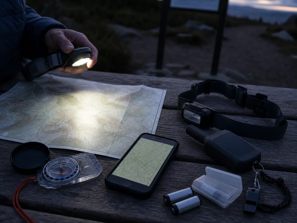 Paper map compass offline phone map headlamps power and a written trip plan arranged for a backpacking check - navigation and communication | KnowOutdoor