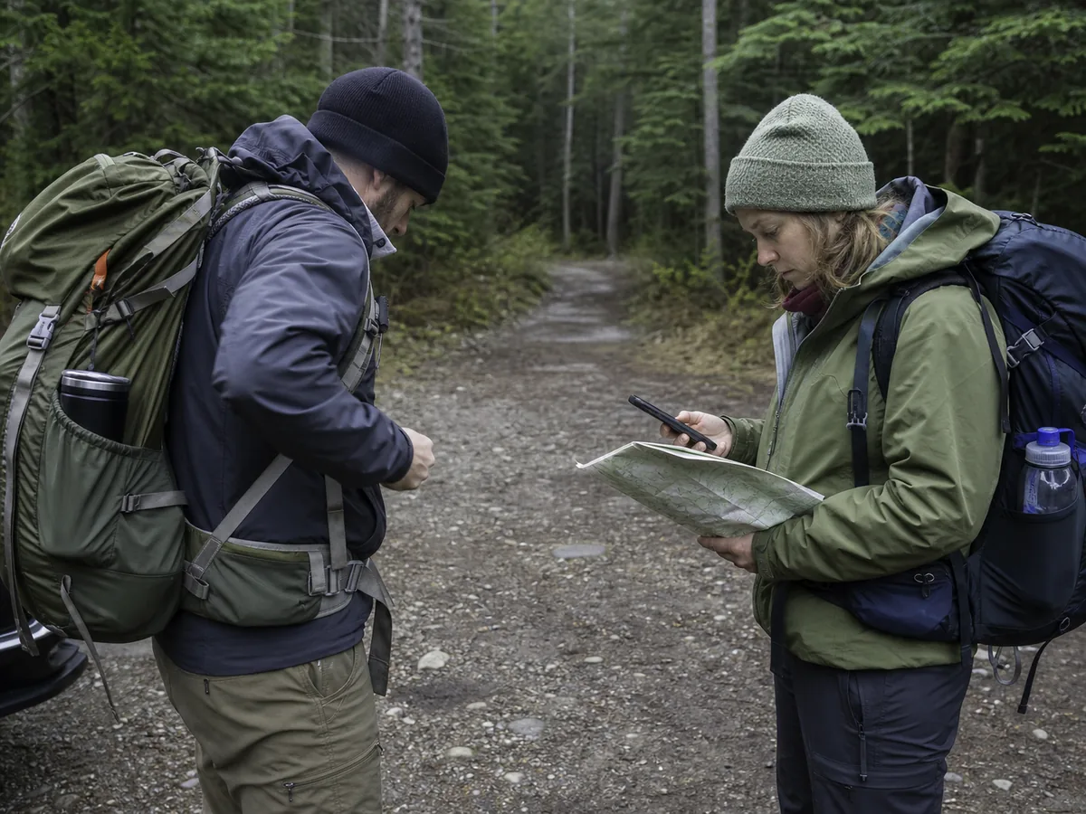 Backpackers checking current weather access water group condition map permit and departure time at a generic trailhead - final backpacking check | KnowOutdoor