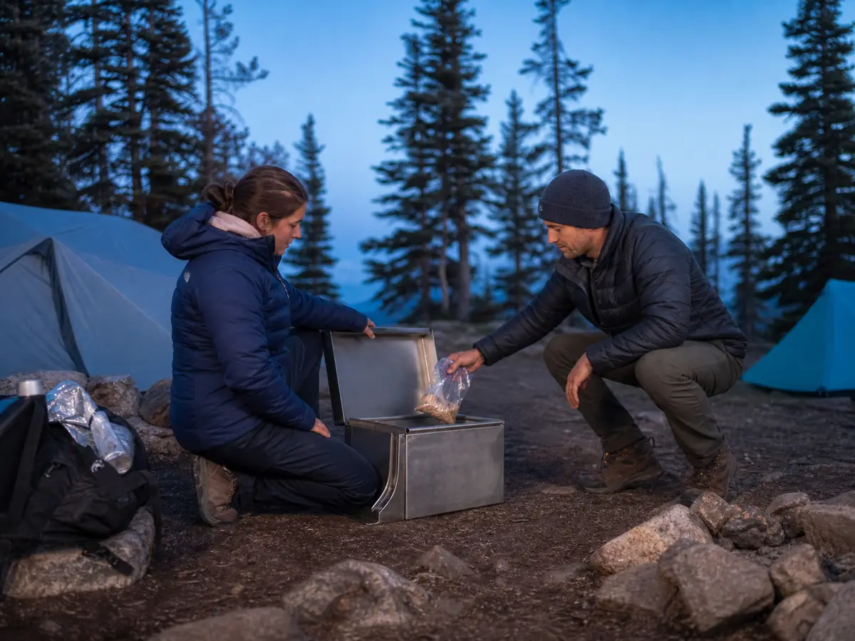 Backpackers consolidating food, cookware, toiletries, and trash into an approved shared storage box at a generic campsite - considerate food storage | KnowOutdoor