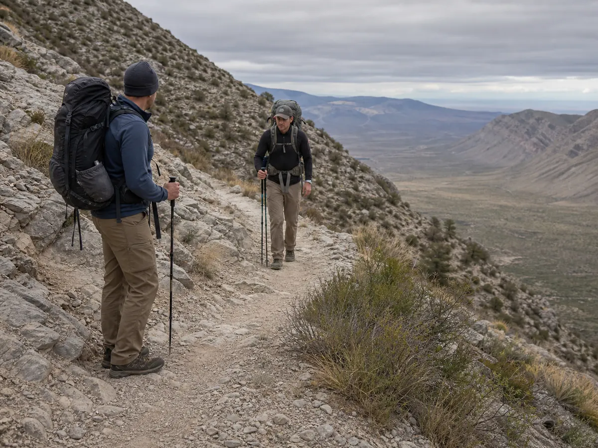 Two backpackers communicating before one waits at a durable wide section of a generic narrow trail for a safe pass - backpacking trail passing | KnowOutdoor