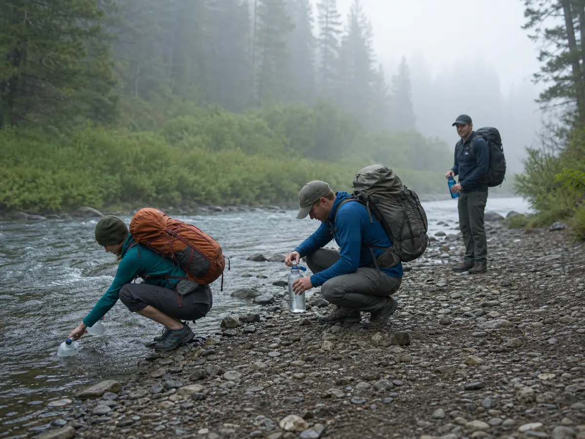 Backpackers filling containers in turn at one durable creek access while cooking and washing gear remain well away - shared backcountry water access | KnowOutdoor