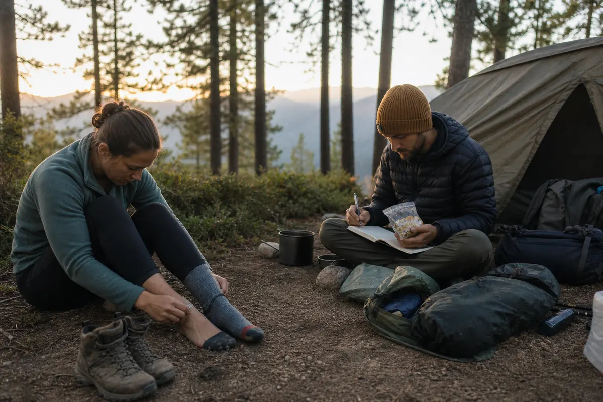 Beginner backpackers reviewing feet, sleep gear, leftover food, and route timing on the morning after camp - backpacking debrief | KnowOutdoor