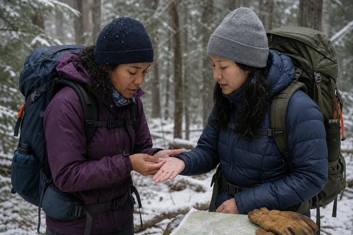 Winter backpacking partners checking hand function, speech, dry layers, and route exit while sheltered from wind - winter cold stress check | KnowOutdoor