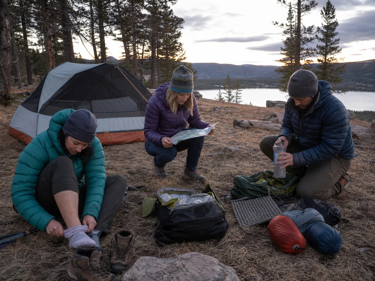 Backpacking group checking feet dry insulation water weather map food and communication before a morning restart - backpacking go or no-go check | KnowOutdoor