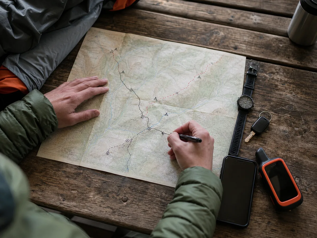 Backpacking trip plan showing a generic route camps alternate exit check-ins vehicle and overdue action beside a paper map - actionable trip plan | KnowOutdoor