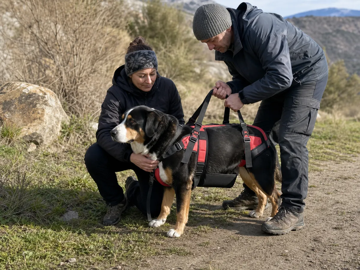 Two adults calmly rehearsing a purpose-built dog rescue harness on gentle generic terrain near a trailhead - dog carry-out rehearsal | KnowOutdoor