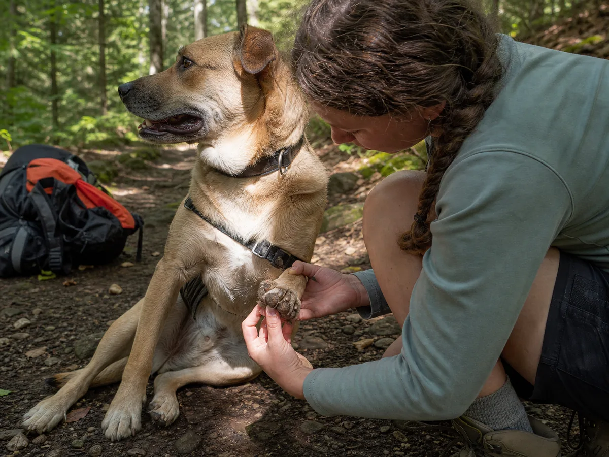 Backpacker checking a calm dog's paw pads and harness contact areas during a shaded trail stop - dog paw and fit check | KnowOutdoor