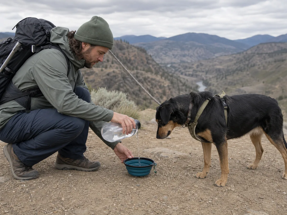 Leashed dog drinking from a collapsible bowl while the backpacker keeps the dog away from an uncertain natural water edge - controlled dog water stop | KnowOutdoor
