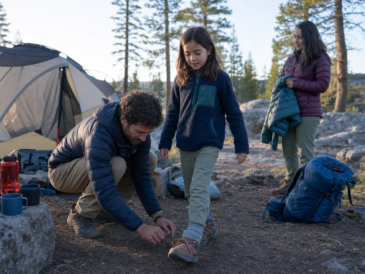 Family checking a child's breakfast, dry layers, feet, pack fit, and first unhurried steps before leaving a generic backpacking campsite - family morning recovery check | KnowOutdoor