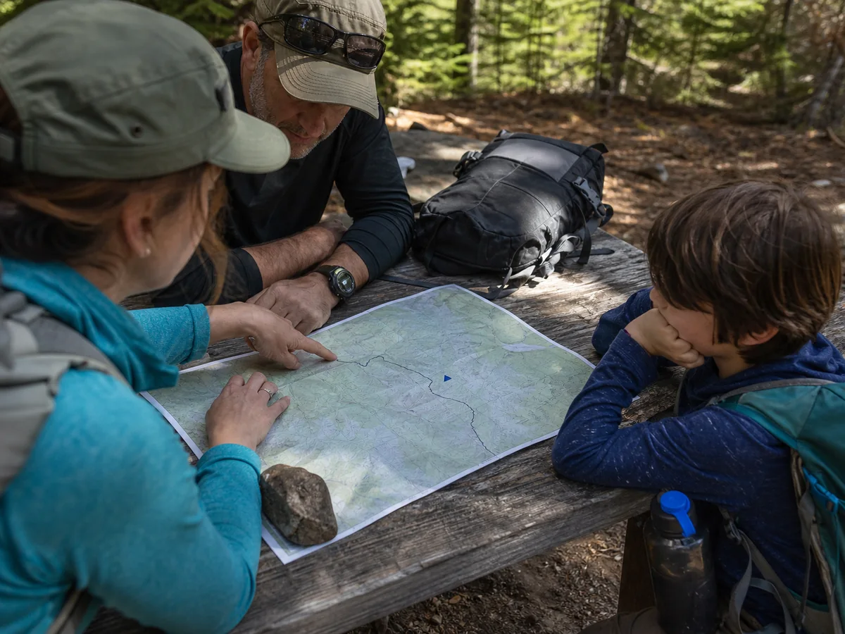 Adults comparing a short generic family backpacking route, legal campsite, water point, daylight margin, and direct exit on a paper map - family backpacking route plan | KnowOutdoor