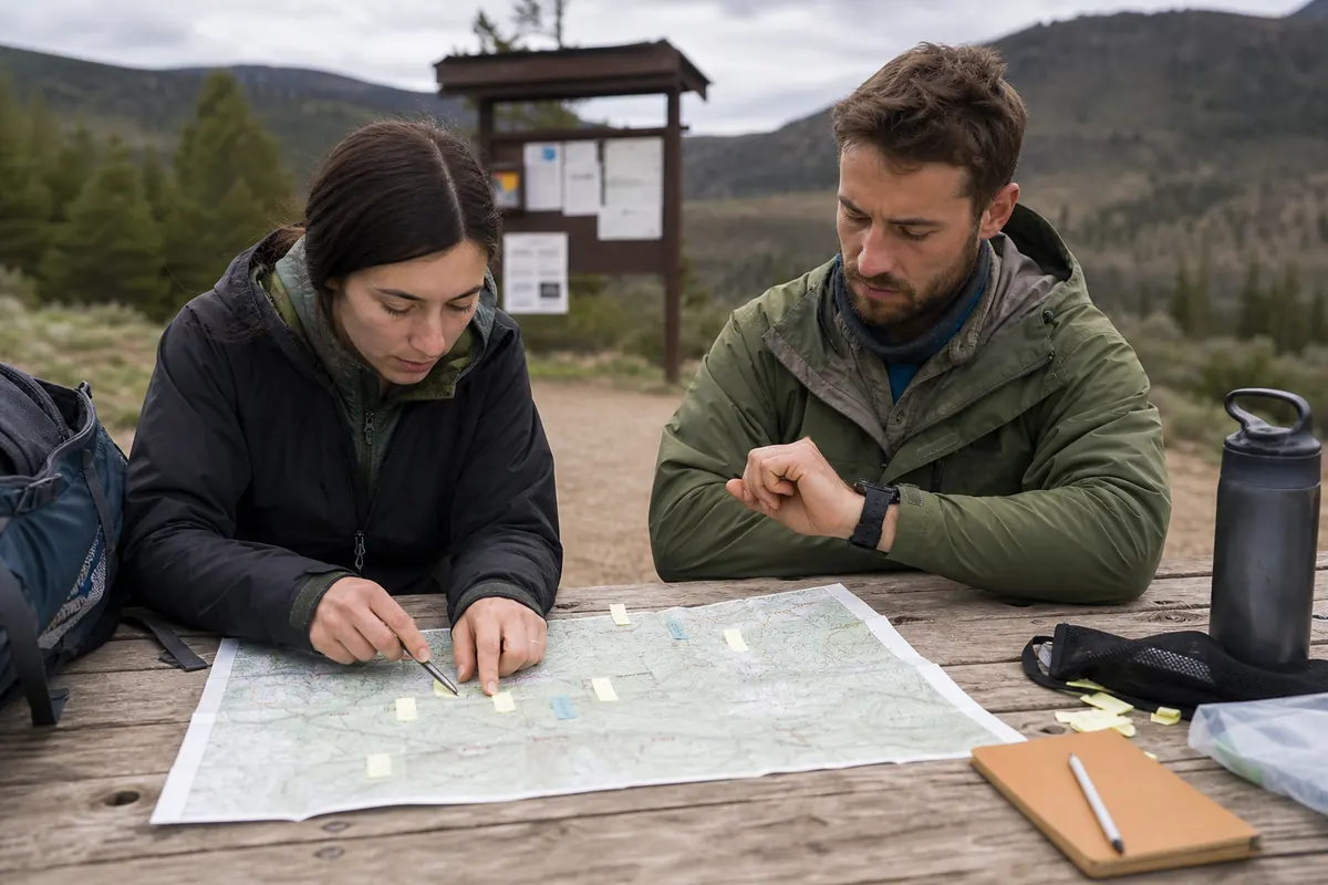 Backpacker marking unverified water, campsite, access, weather, and transport facts on a generic overnight route plan - backpacking planning mistakes | KnowOutdoor