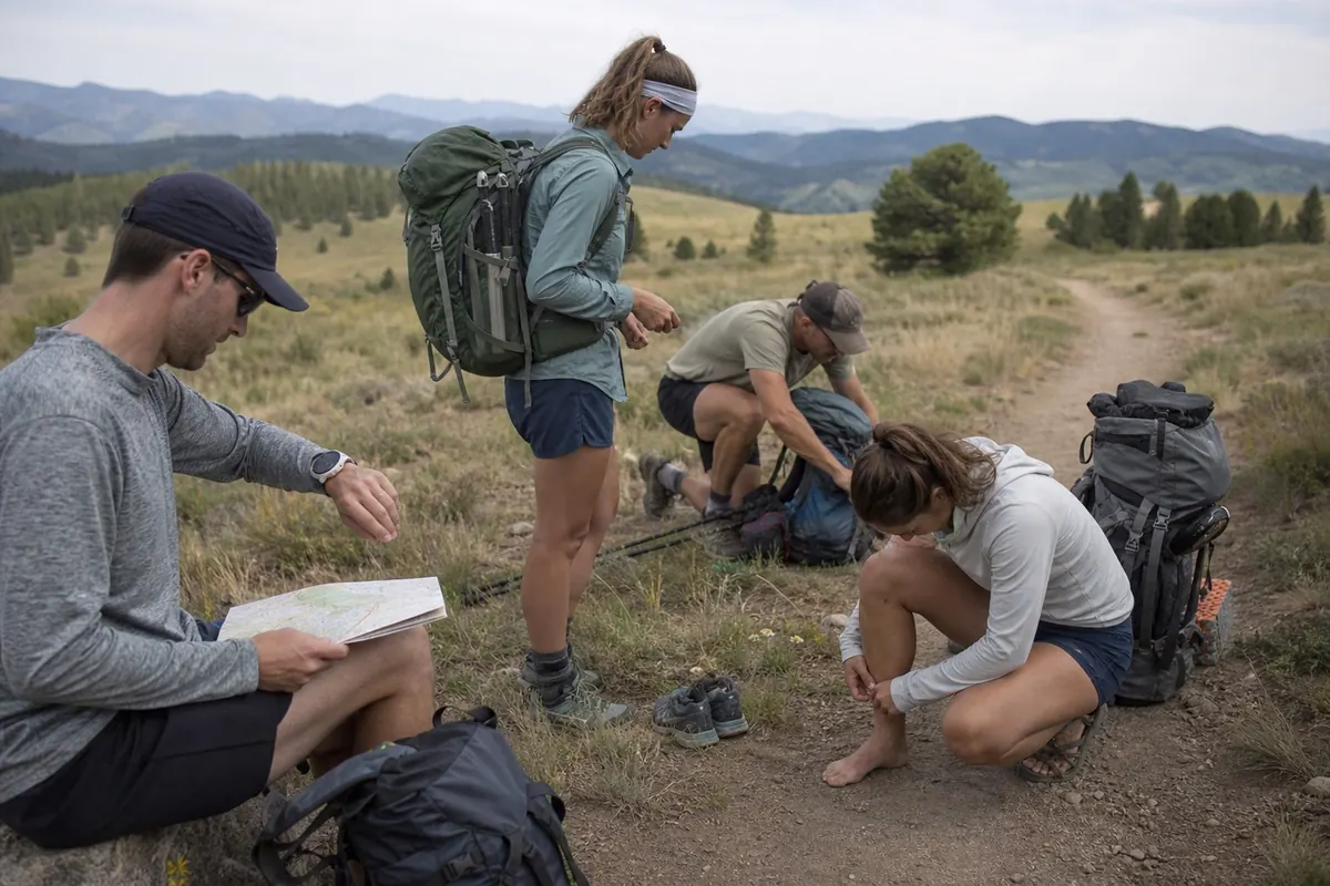 Backpacking group pausing early to reset pace, adjust a pack, check feet, and protect camp daylight - backpacking pace mistake | KnowOutdoor