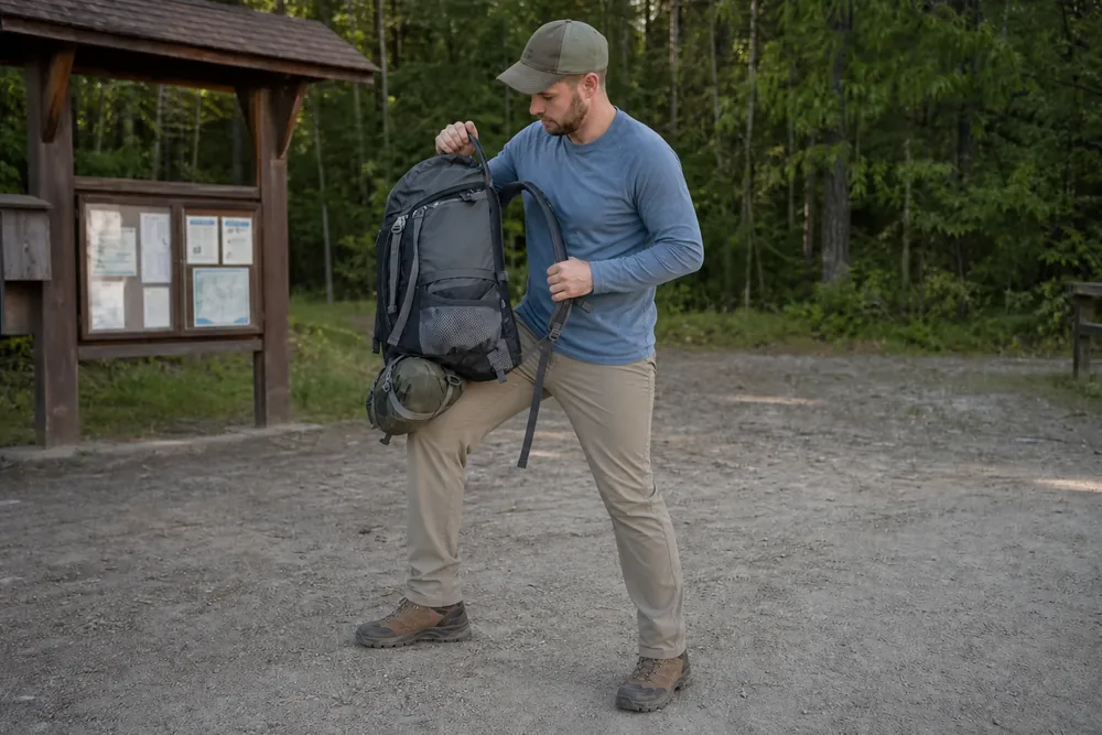Backpacker resting a loaded pack on one bent thigh before sliding into the shoulder straps without twisting