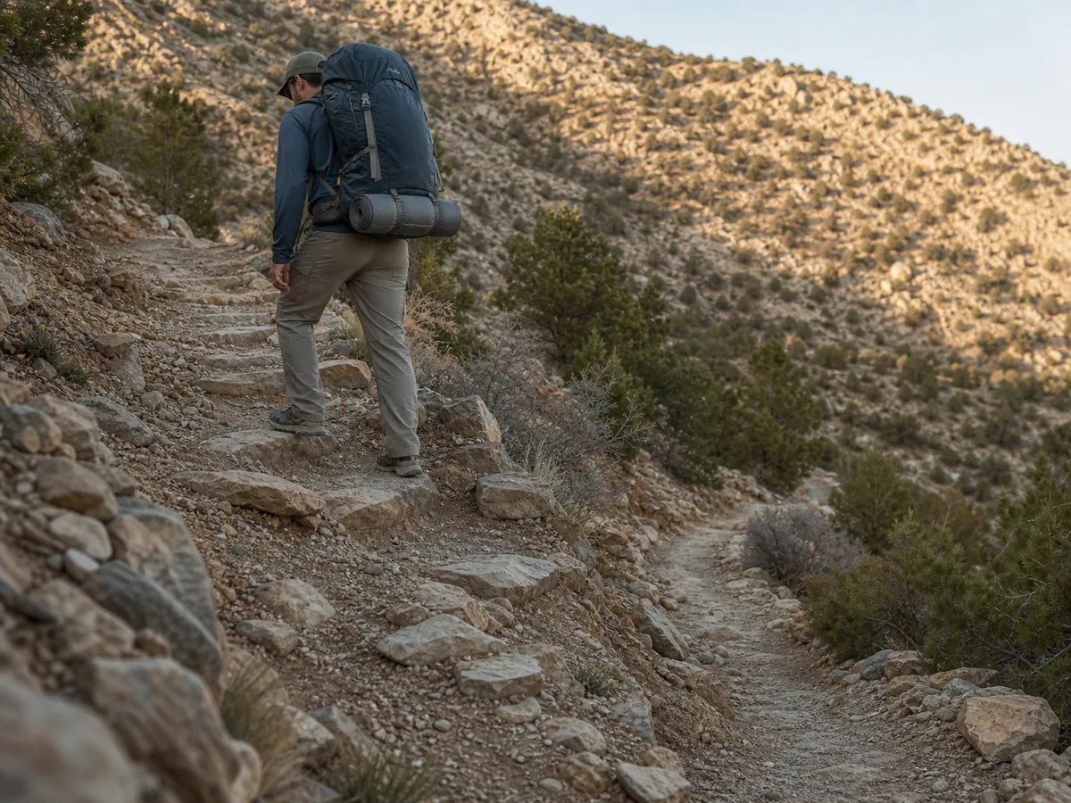 Backpacker using short controlled steps while climbing and descending with an overnight pack - loaded trail movement | KnowOutdoor