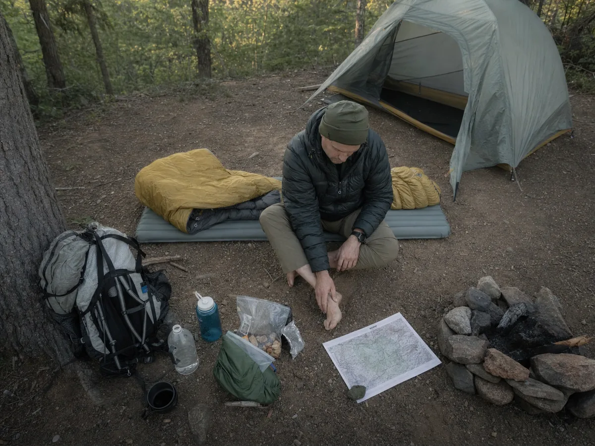 Backpacker checking feet food water sleep notes and the next route segment at camp in the morning - backpacking recovery | KnowOutdoor