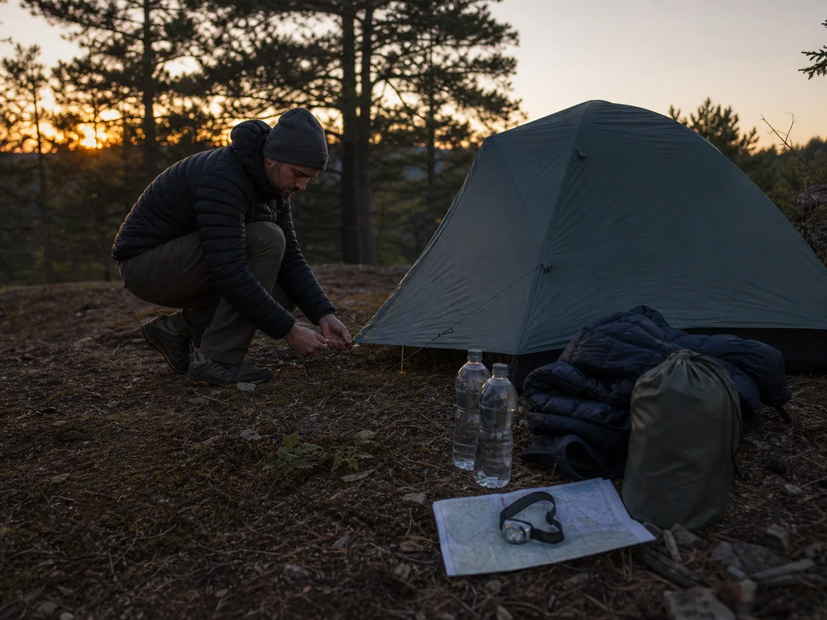 Solo backpacker completing shelter, treated water, dry layers, food storage, map, and headlamp tasks before dusk at a generic campsite - solo camp sequence | KnowOutdoor