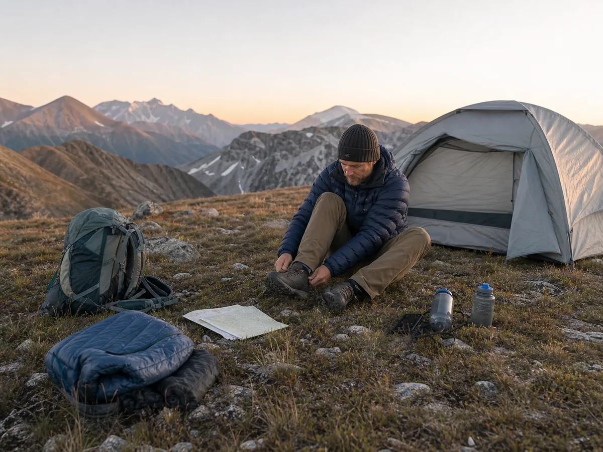Solo backpacker checking weather, feet, dry sleep gear, map, water, and communication before packing at a generic campsite - solo morning check | KnowOutdoor