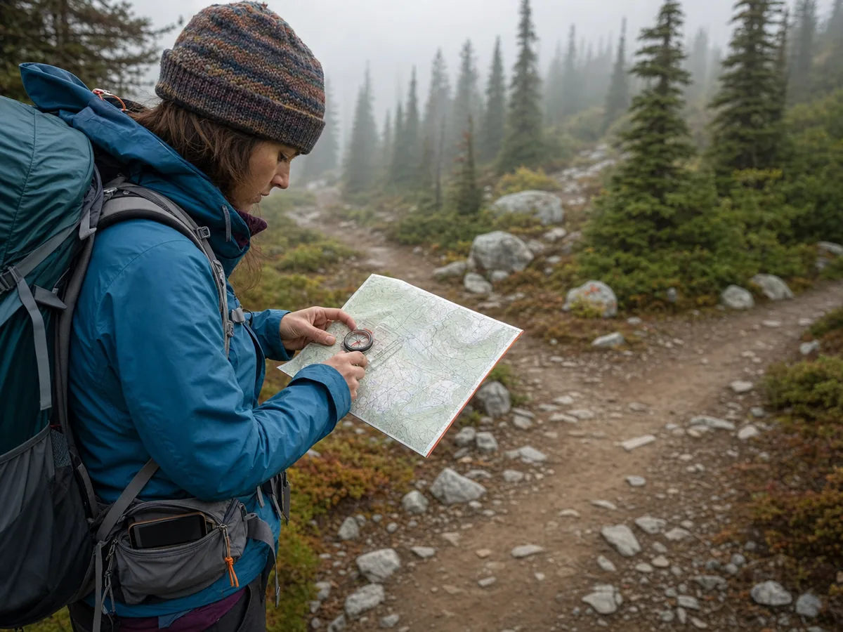 Solo backpacker orienting a paper topographic map with a compass at a generic marked junction while a phone stays packed - independent navigation | KnowOutdoor