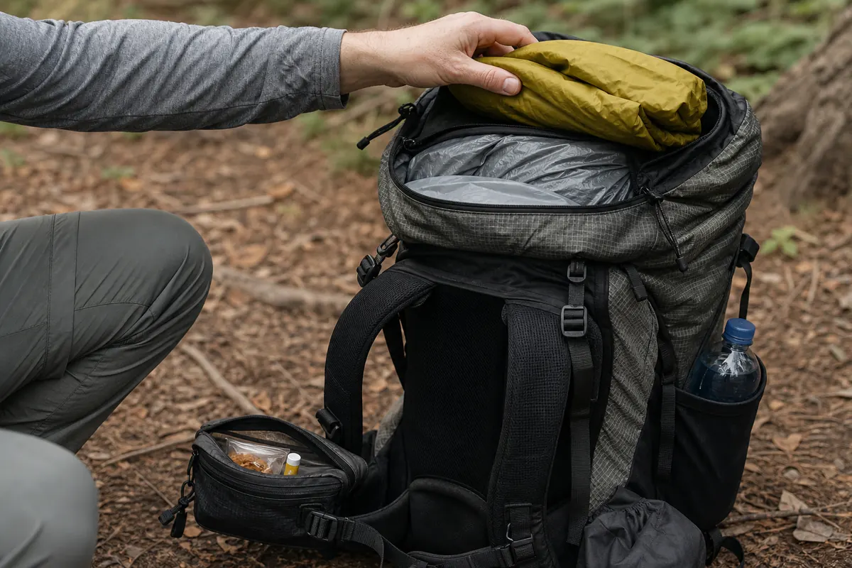 Loaded backpack with water, food, rain shell, map, foot care, and headlamp placed in distinct access zones - backpack access packing | KnowOutdoor