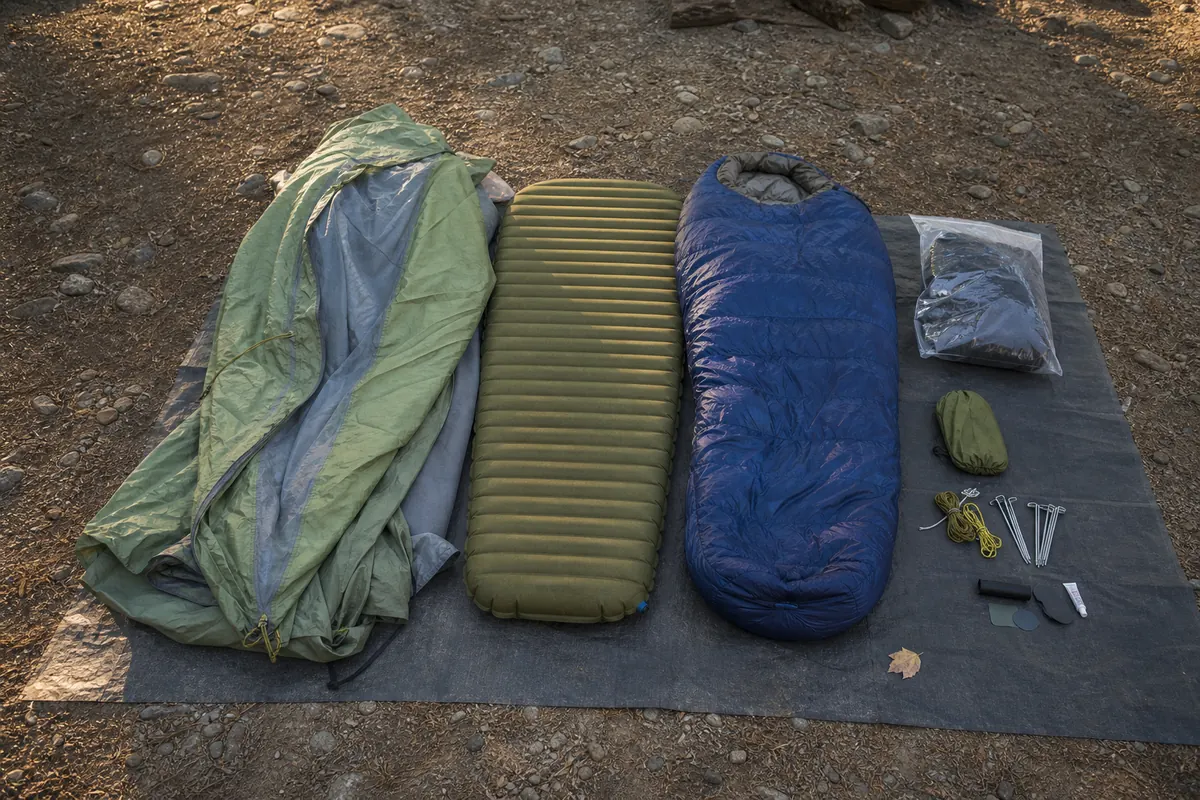 Backpacking shelter, sleeping pad, insulation, dry sleep clothing, and repair parts laid out in setup order - backpacking sleep system | KnowOutdoor