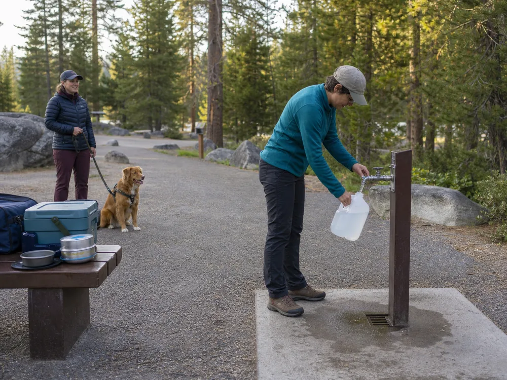 Camper filling one water container at a shared campground tap while keeping dishes, pets, and gear clear of the access path
