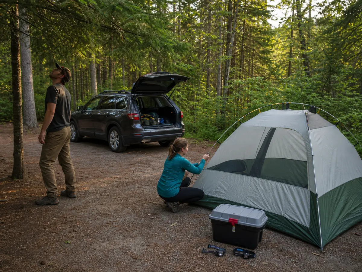First-time campers setting shelter, sleep gear, food storage, and lighting in daylight at a generic campground - camp arrival order | KnowOutdoor