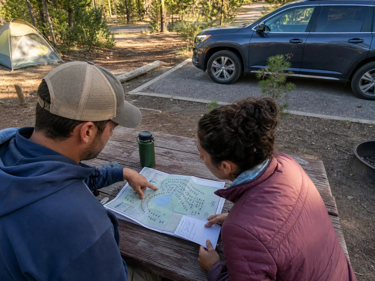 Beginner campers comparing a reserved frontcountry campsite map, facilities, parking, and weather before departure - first campsite choice | KnowOutdoor