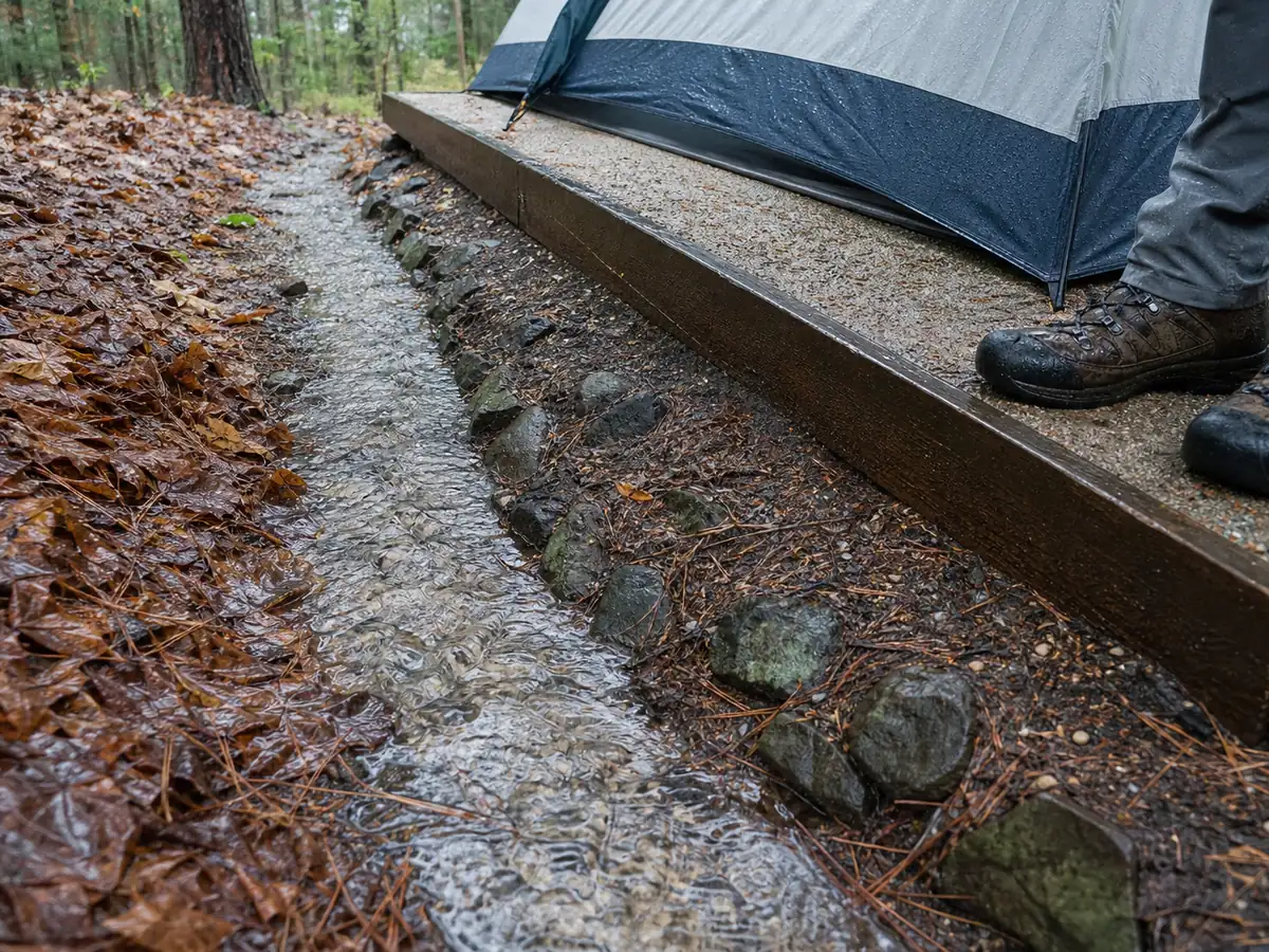 Rainwater flowing beside a raised campground tent pad while a camper checks the drainage path - rainy campsite runoff | KnowOutdoor