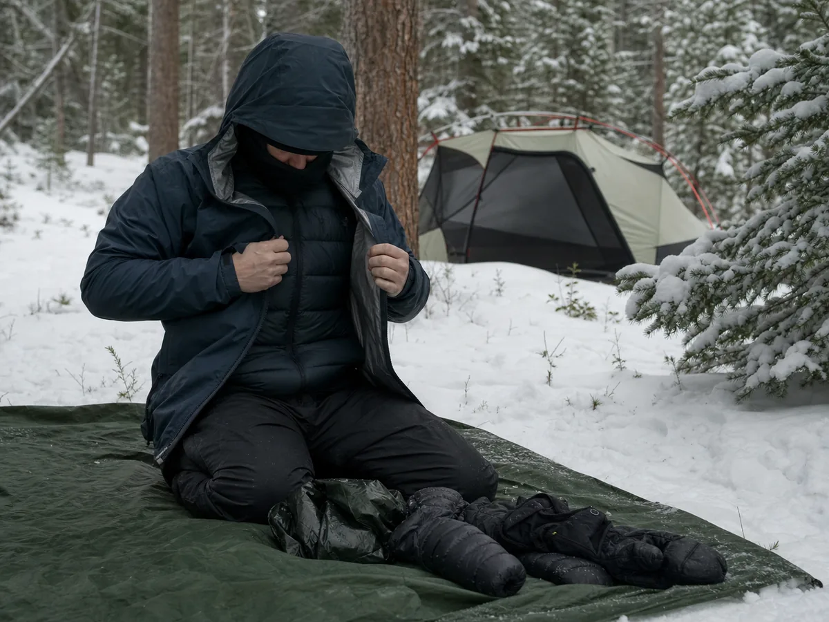 Winter camper changing from damp travel layers into protected dry camp insulation beside sealed sleep clothing - winter moisture control | KnowOutdoor