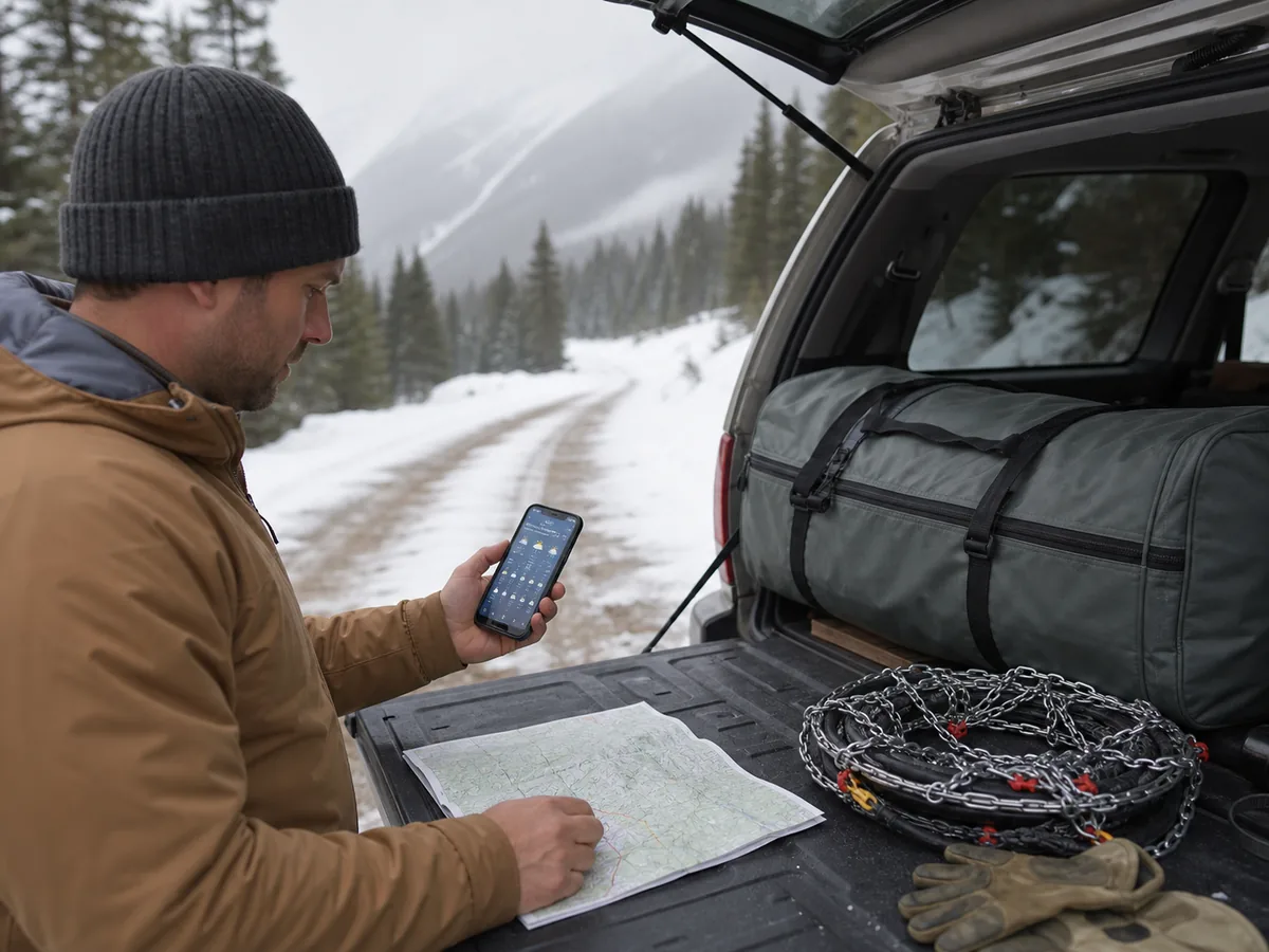 Winter campsite forecast linked to road access wind snow visibility and an early exit choice - winter camping forecast decision | KnowOutdoor