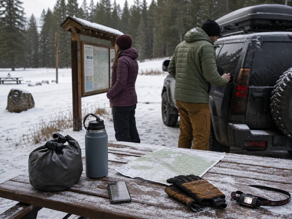 Winter campers comparing forecast access daylight dry insulation water and morning exit at a generic snowy campground - winter camp system | KnowOutdoor