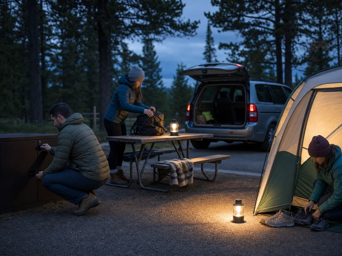 Campers securing food lights footwear and vehicle access before campsite darkness - campsite night reset | KnowOutdoor