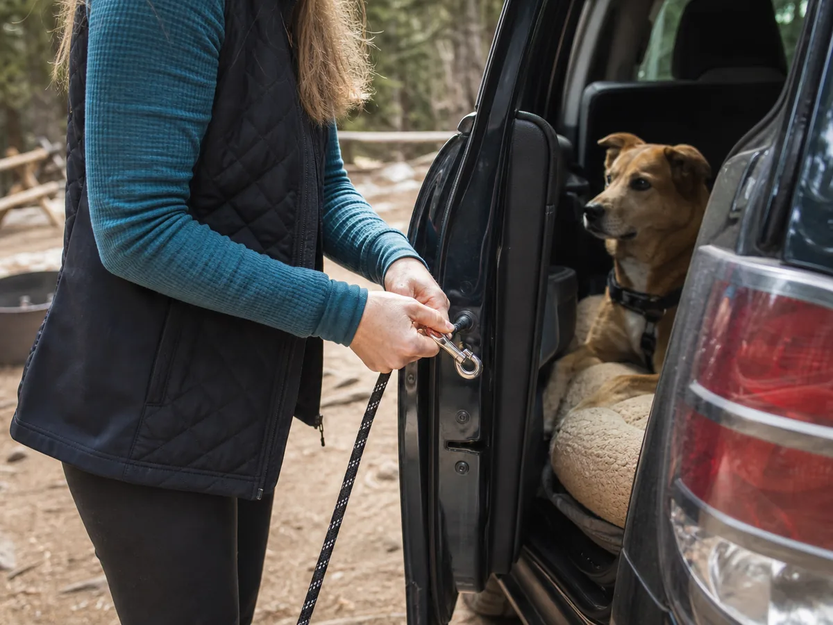 Handler clipping a leash before opening a vehicle door for a calm dog at camp - dog restraint setup | KnowOutdoor