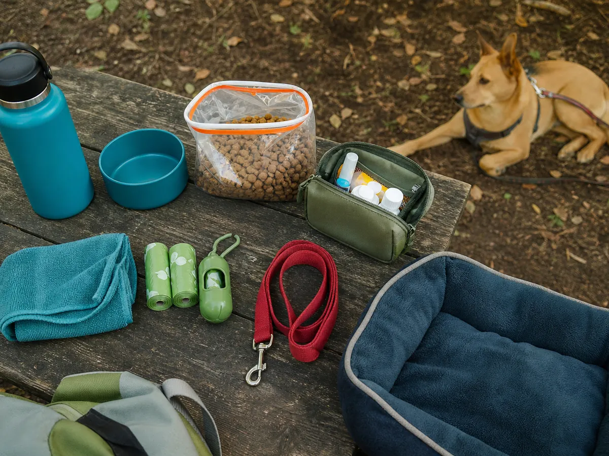 Dog water food medicine waste bags towel bedding and leash arranged on a campground table - dog camping supplies | KnowOutdoor