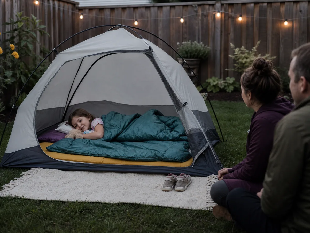 Child testing familiar bedding comfort item and shoes in a backyard tent with parents nearby - camping bedtime rehearsal | KnowOutdoor