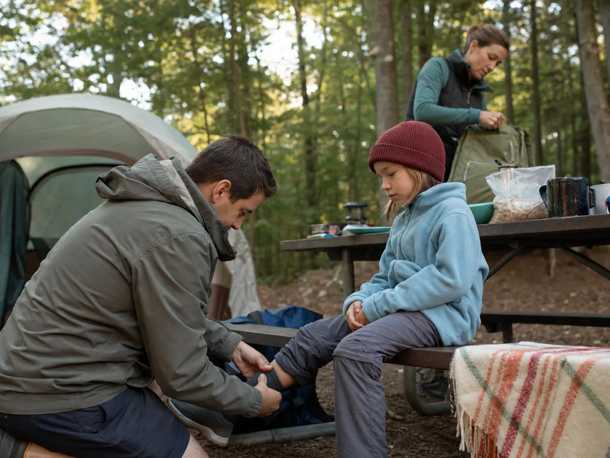 Parent checking a child's footwear and comfort while another adult packs the campsite - family morning check | KnowOutdoor