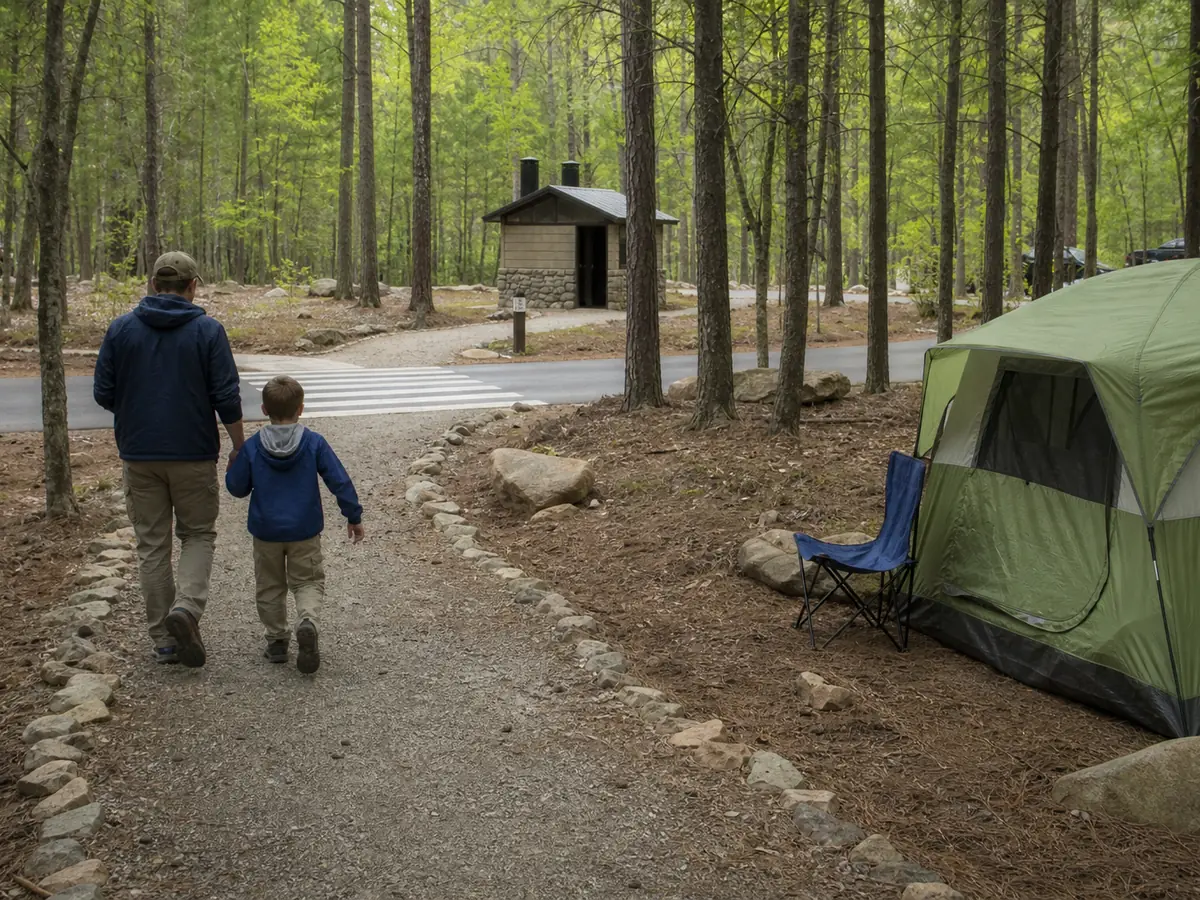Adult and child walking the marked route from their tent to a nearby campground restroom - family toilet route | KnowOutdoor