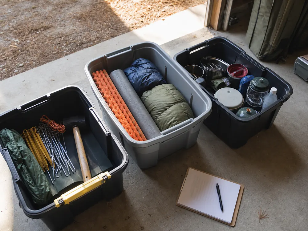 Open car camping bins grouped by shelter sleep and kitchen tasks - car camping checklist | KnowOutdoor