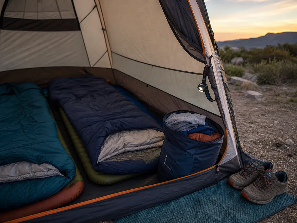 Car camping tent sleep setup with pads bags dry clothes and headlamp ready - car camping checklist | KnowOutdoor