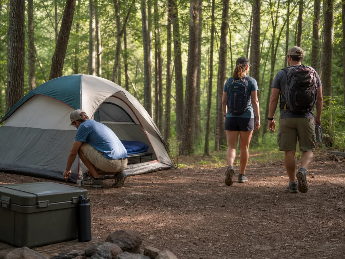 Campers finishing shelter food storage water and sleep setup before leaving for a short optional activity - settled camp priority | KnowOutdoor