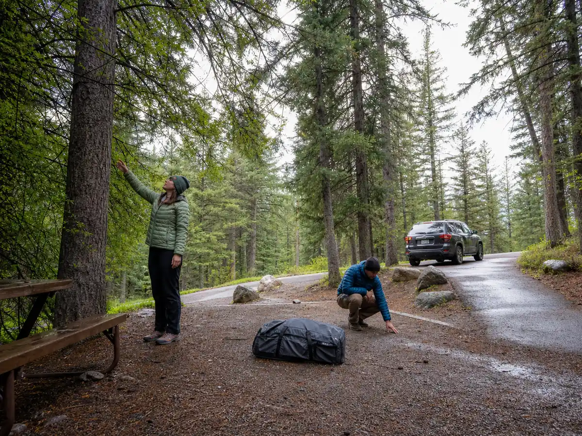 Campers checking branches pad drainage and vehicle exit before unpacking at a campsite - campground arrival inspection | KnowOutdoor