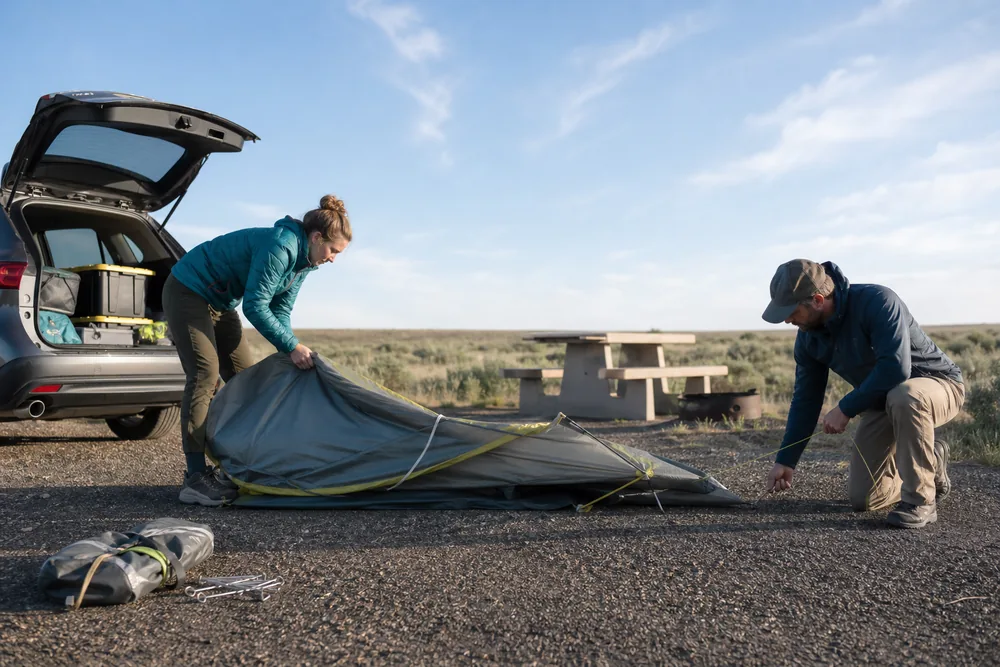 Two campers lowering a tent while one bundles fabric and the other controls a guyline - tent takedown in wind | KnowOutdoor