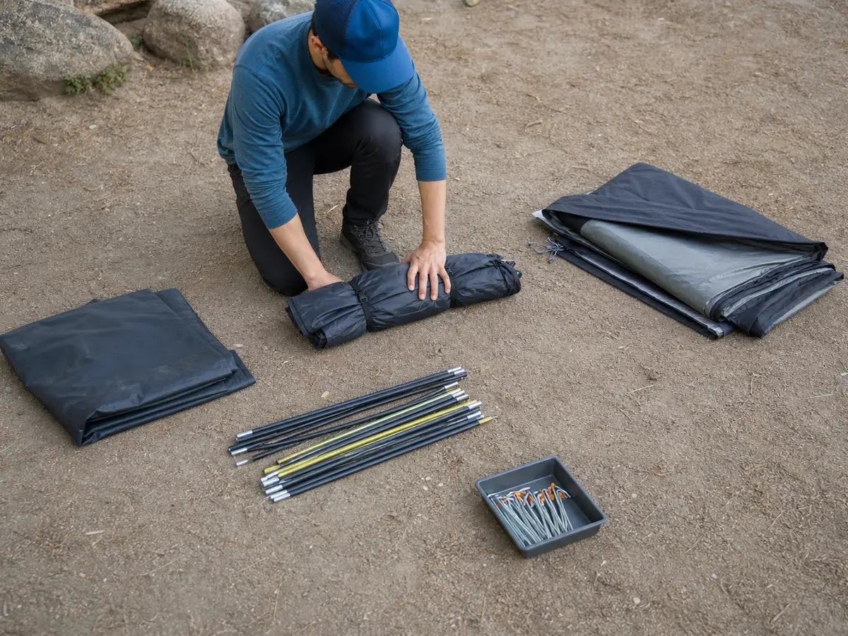 Solo camper kneeling beside bundled tent fabric with poles and stakes staged within reach - solo wind pitch preparation | KnowOutdoor