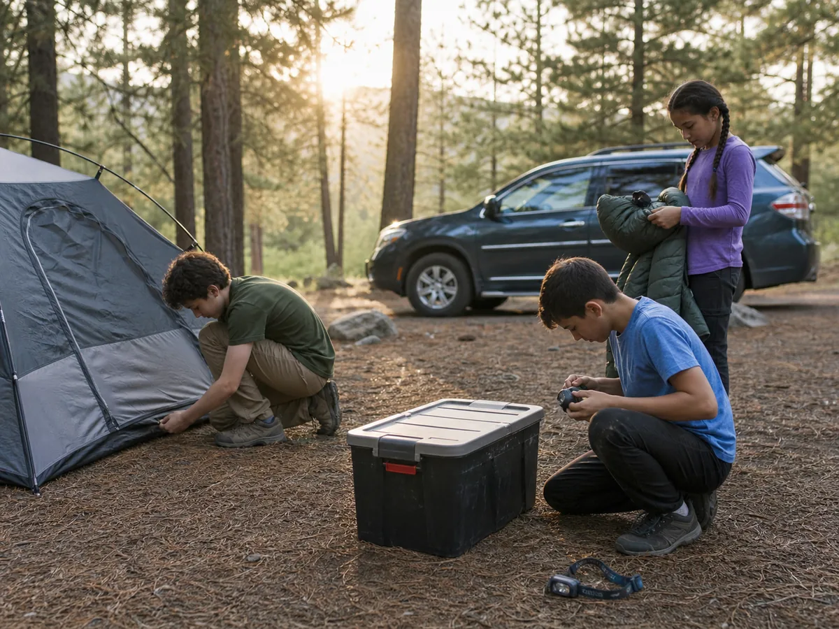 Campers following a daylight timeline from check-in through site inspection tent setup food storage and headlamp placement - first trip schedule | KnowOutdoor