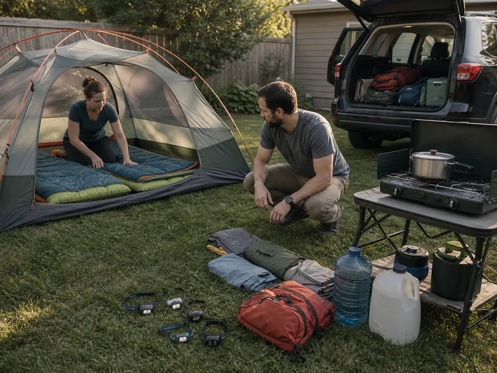 Campers testing a complete tent bed stove light and water setup at home - first camping trip rehearsal | KnowOutdoor
