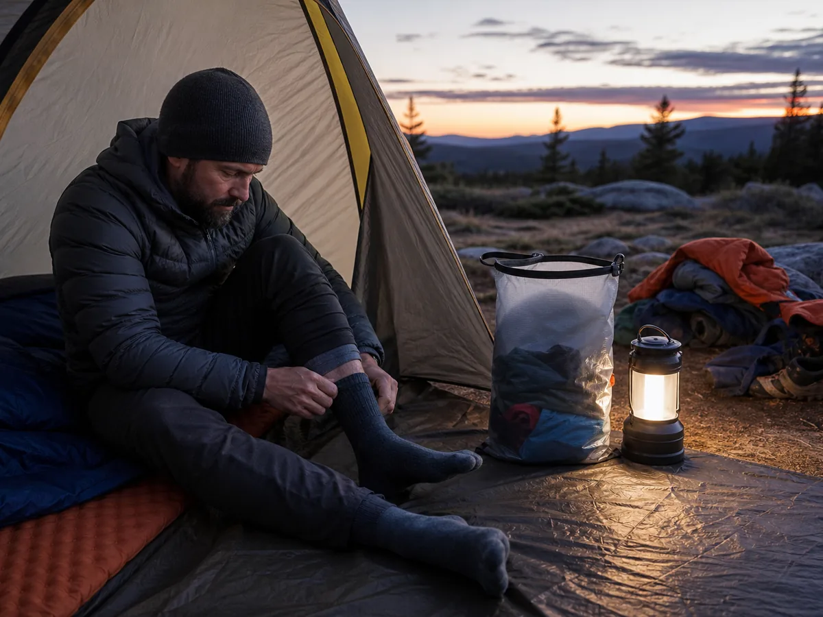 Camper putting on dry socks beside protected sleep clothing at a tent entrance - dry camping sleep reserve | KnowOutdoor
