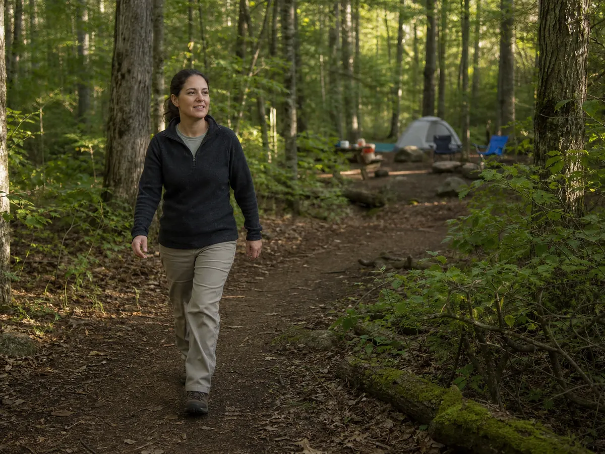 Camper taking a brisk controlled walk on an approved path beside a campground - active camping walk | KnowOutdoor