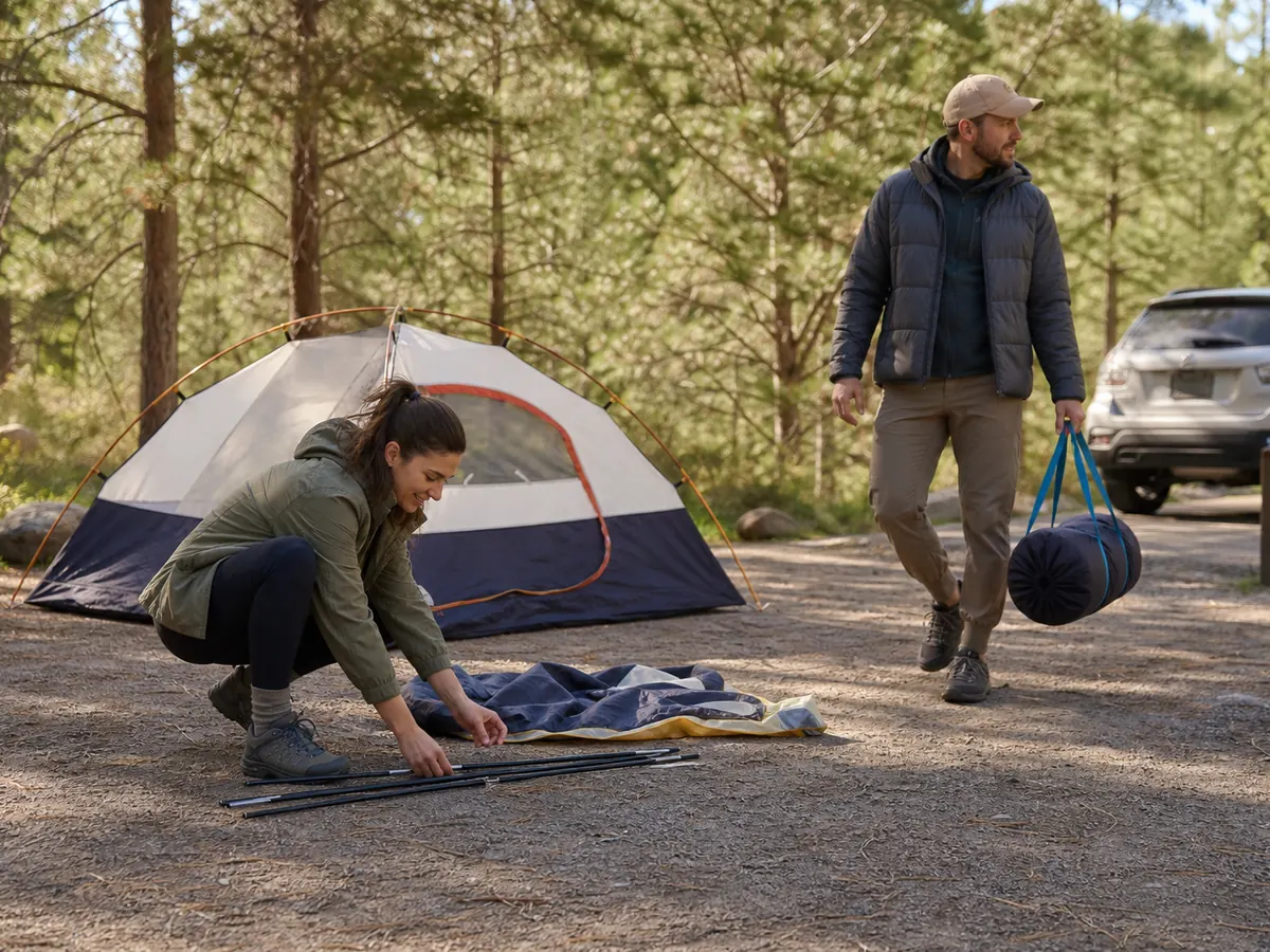 Two campers dividing low tent setup and gear carrying tasks at a developed campsite - physical camp tasks | KnowOutdoor