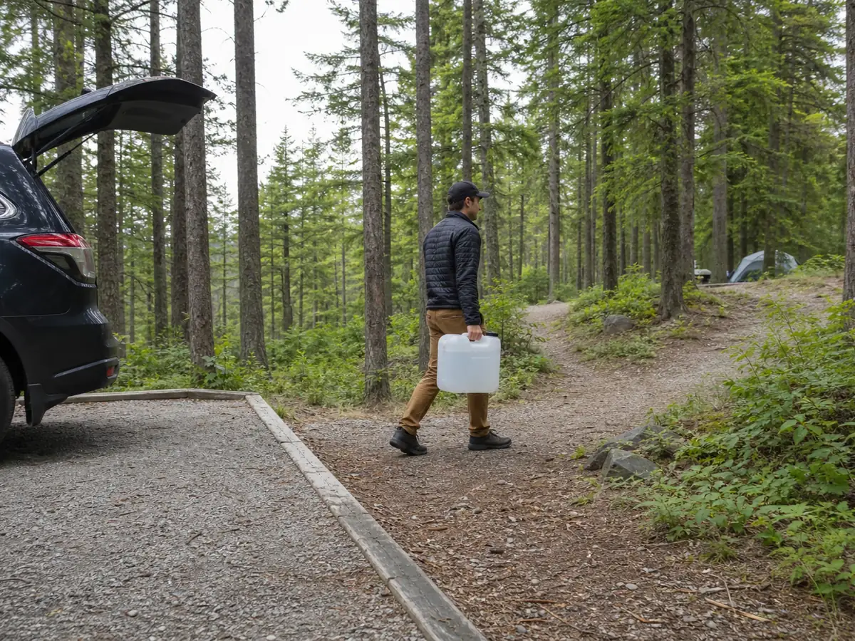 Camper carrying a stable water container from legal parking along a campground path - loaded campsite carry | KnowOutdoor