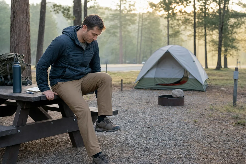 Camper checking knee and foot movement the morning after an active camping day